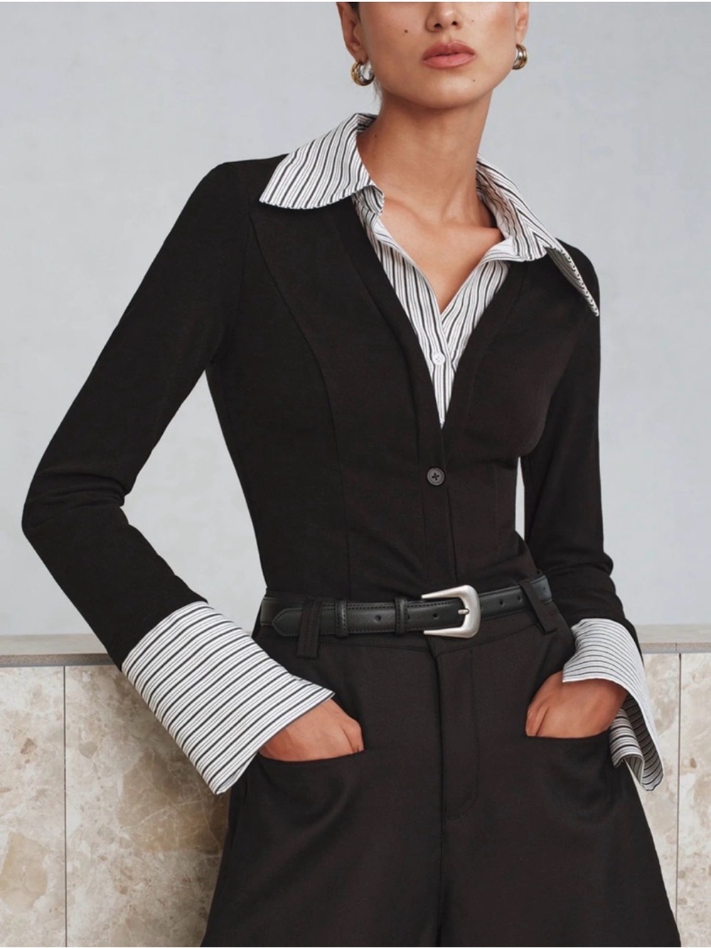 Commense Black Button-Front Top with Striped Contrast Collar